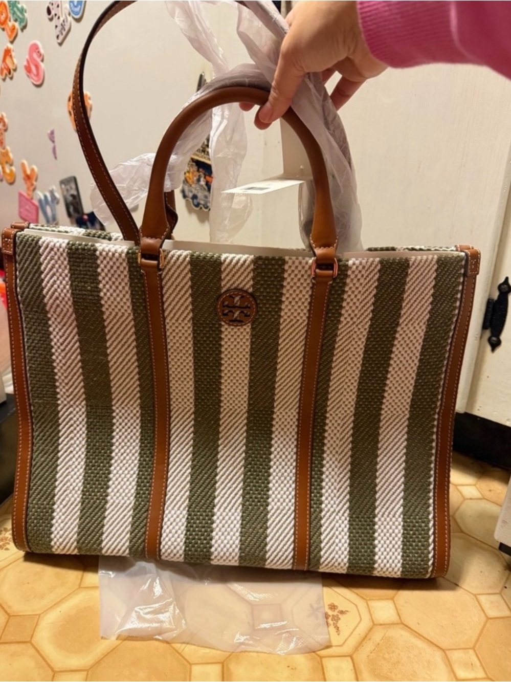 NWT Tory Burch Olive & White Striped Canvas Tote with Brown Leather Trim